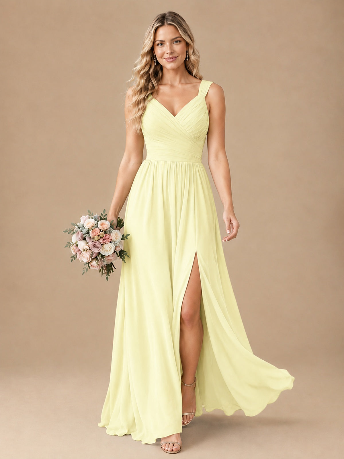 Pleated Chiffon V Neck Wedding Bridesmaid Dresses Floor Length with Slit