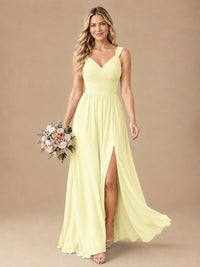 Pleated Chiffon V Neck Wedding Bridesmaid Dresses Floor Length with Slit