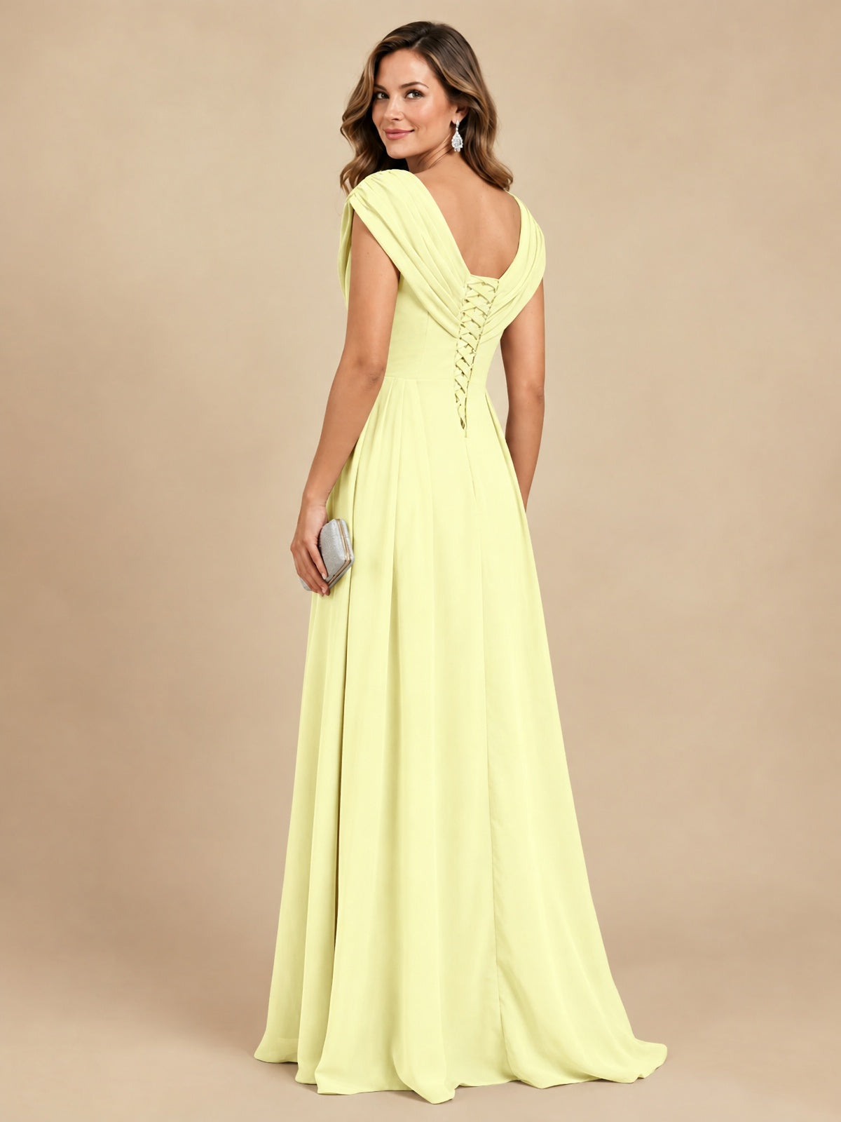 V Neck Pleated Mother of The Bride Dresses with Beading Cap Sleeves