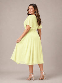 Navy Blue A-Line V-Neck Tea-Length Mother of the Bride Dress