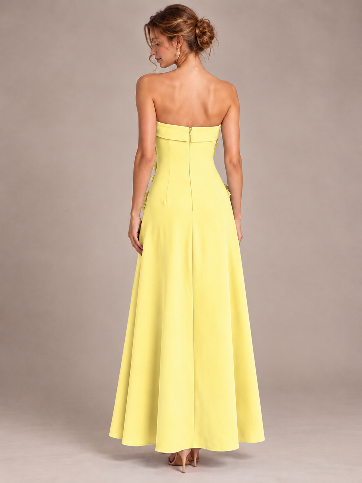 Yellow Strapless 3D Floral Appliques Maxi Dress