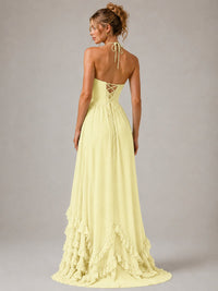 Halter V Neck Chiffon Formal Dress with Lace-Up Back and Ruffle Hem