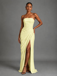 Strapless Bodycon Pleated Chiffon Formal Dress with Slit
