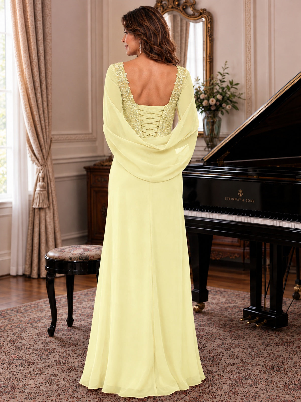 Elegant Applique Chiffon Mother of the Bride Dress with Cape Sleeves