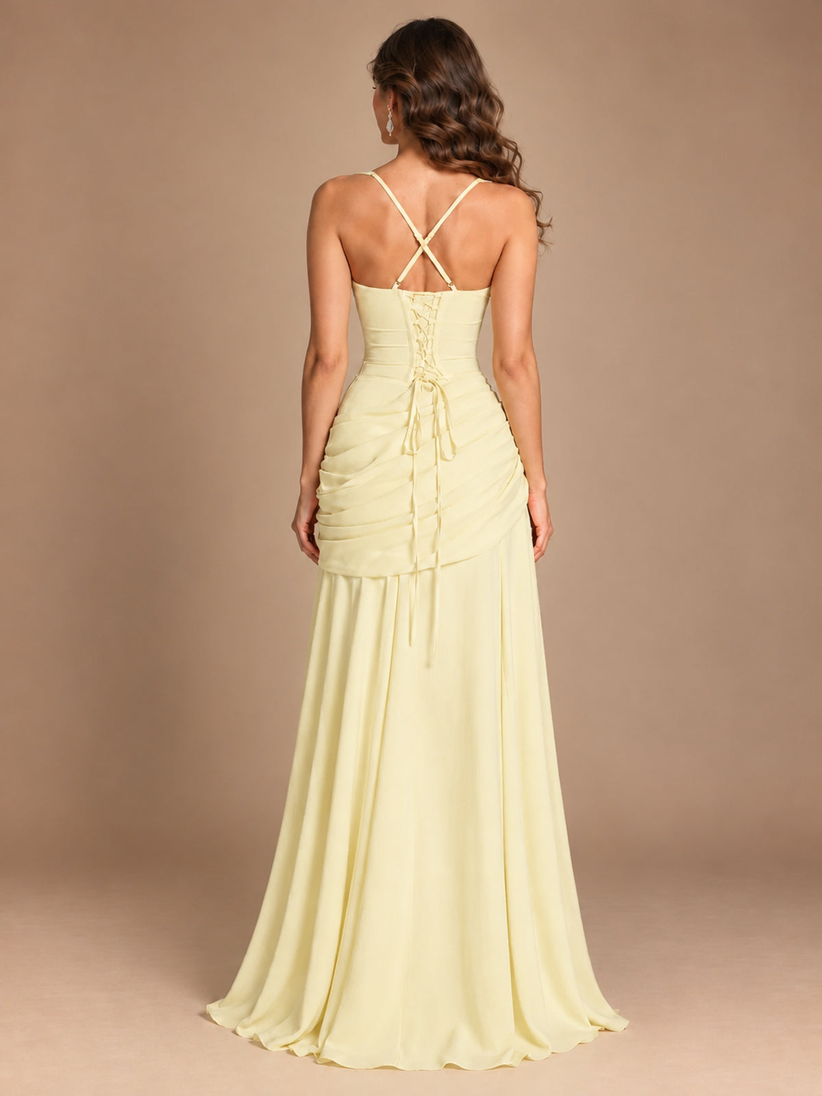 Butter Yellow Square Neck Ruched A-Line Prom Dress