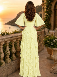 Elegant Chiffon Mother of the Bride Dress with Flutter Sleeves and Ruffle Skirt