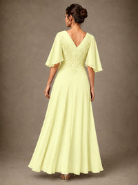 V-Neck Chiffon Lace Mother of the Bride Dress with Flutter Sleeves