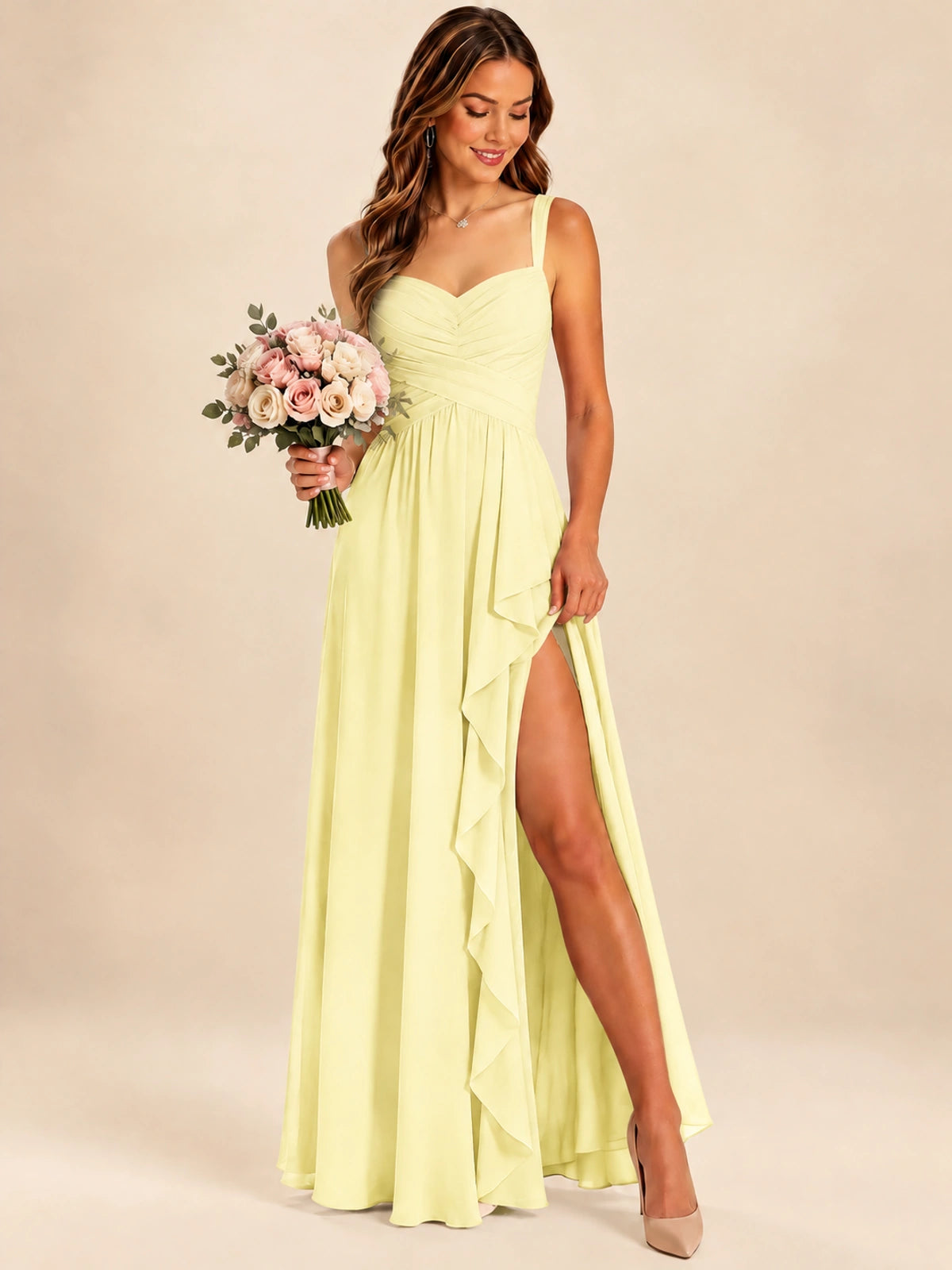 Spaghetti Straps Pleated Chiffon Bridesmaid Dress with Ruffle Slit