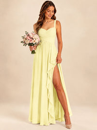 Spaghetti Straps Pleated Chiffon Bridesmaid Dress with Ruffle Slit