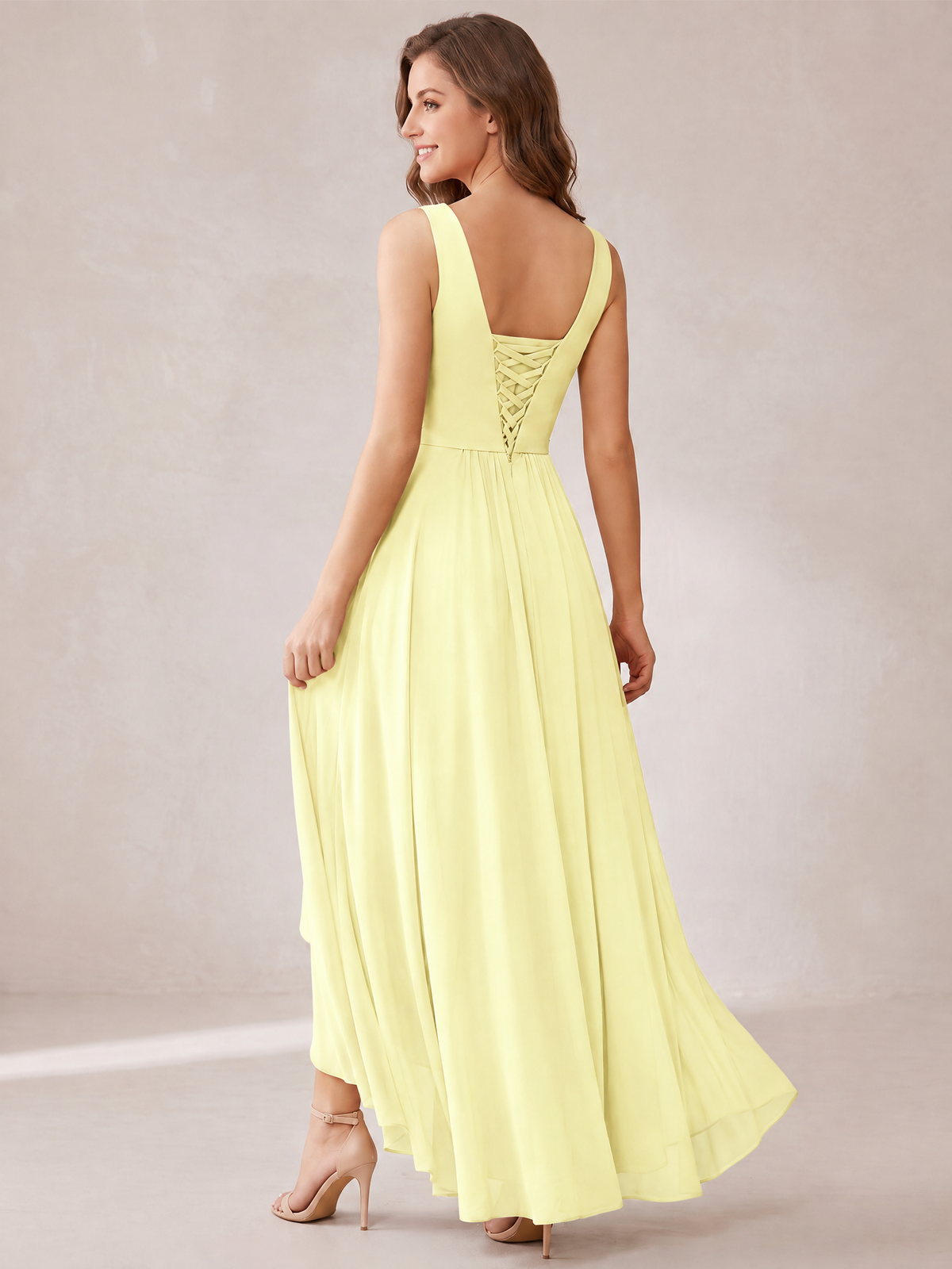 V-Neck High-Low Chiffon Bridesmaid Dress with Ruffles