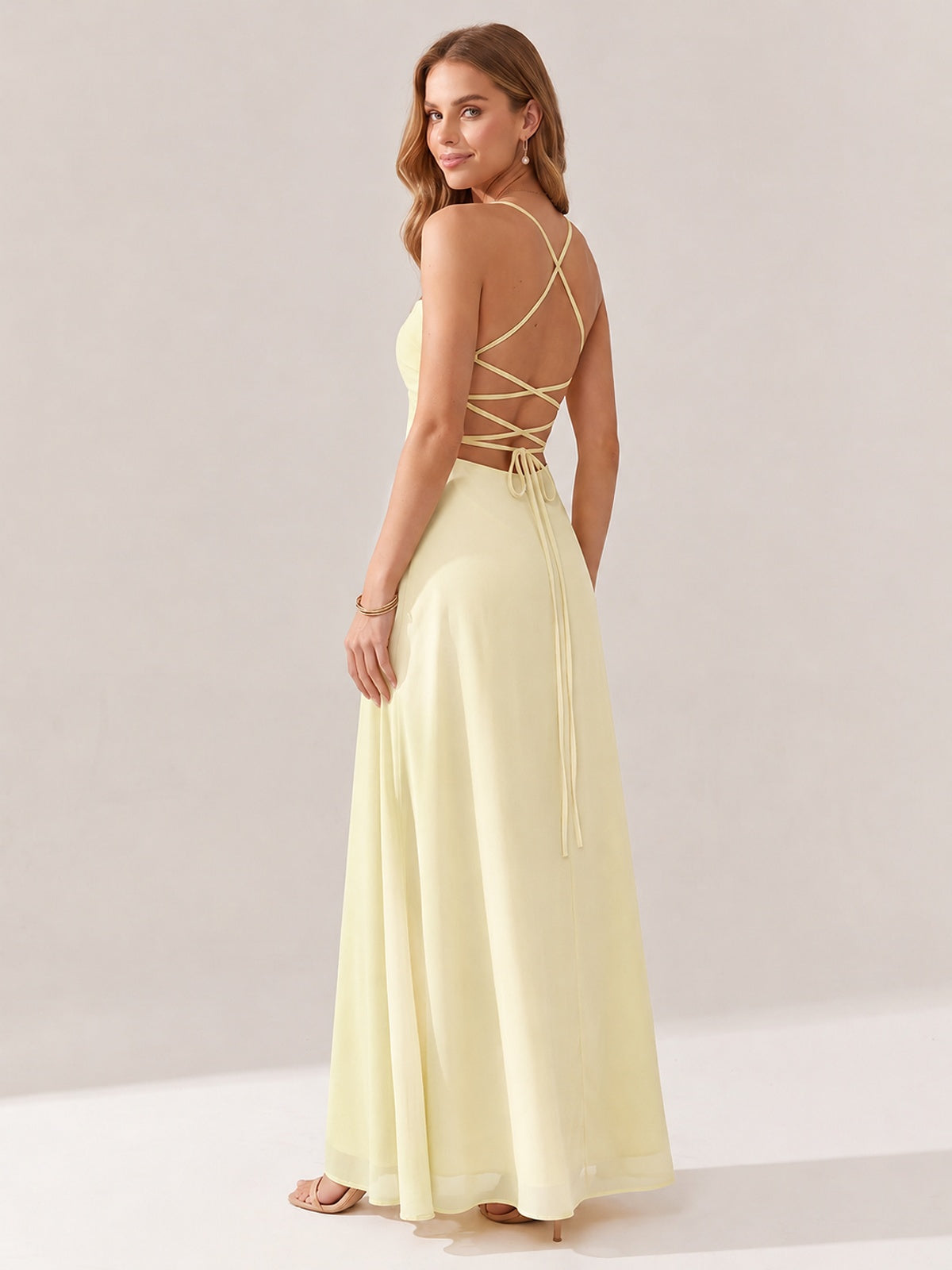 JOVELLEE Yellow Sweetheart Ruched Bust Chiffon Maxi Dress