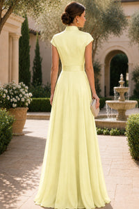 V Neck Cap Sleeve A-Line Floor-Length Satin Bridesmaid Dress