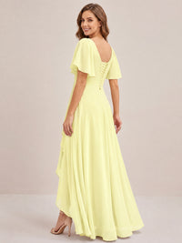Dusty Blue Chiffon Bridesmaid Dress with Flutter Sleeves & High-Low Hem