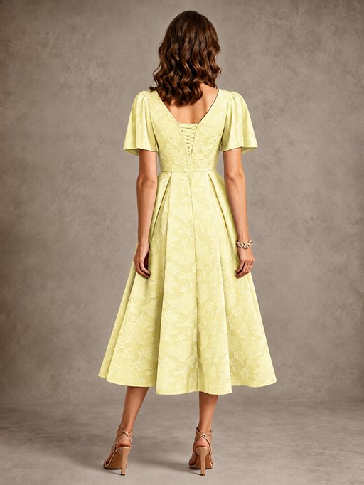 V-Neck Floral Jacquard Tea-Length Mother of the Bride Dress