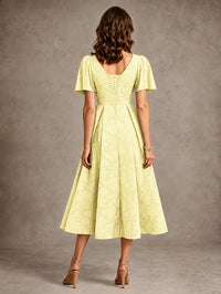 V-Neck Floral Jacquard Tea-Length Mother of the Bride Dress