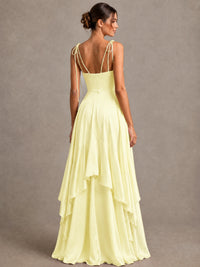 Lavender Satin V-Neck Ruffle Maxi Dress