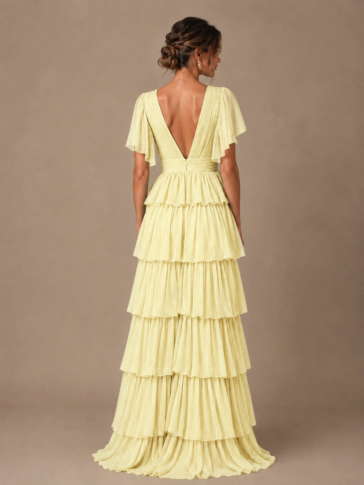Chiffon V-Neck Tiered Ruffle Bridesmaid Dress with Slit