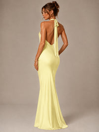 Olive Green Halter Satin Mermaid Maxi Dress