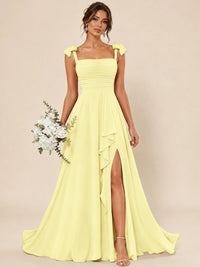 Ruffle Slit Chiffon A Line Scoop Neck Bridesmaid Dresses with Pockets