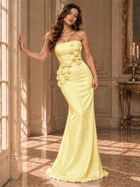 White Strapless Mermaid Maxi Dress with 3D Floral Appliques