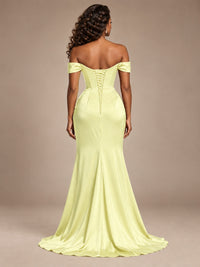 Burgundy Off-the-Shoulder Satin Corset Prom Dress with Slit