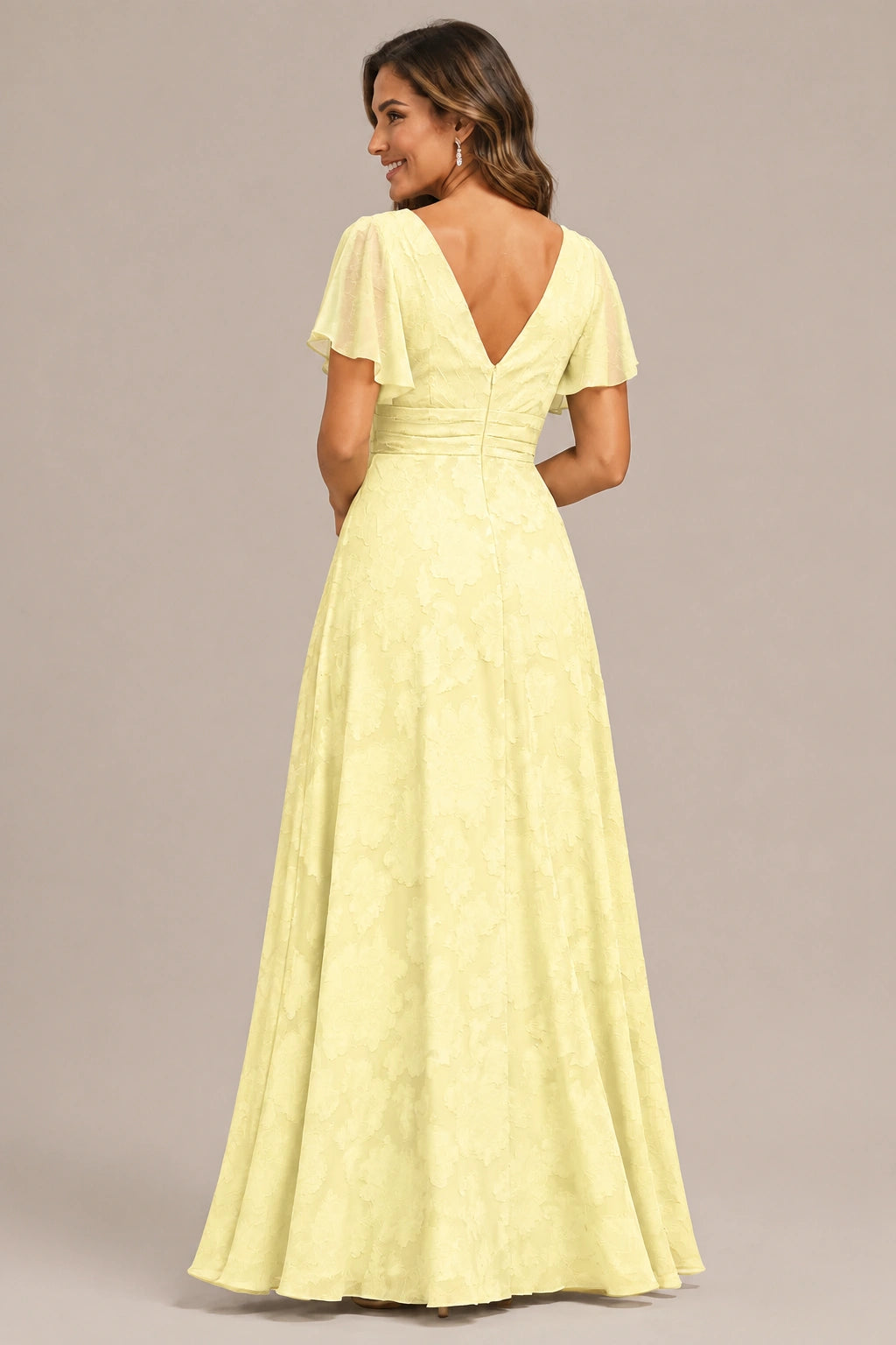 Jovellee Floral Chiffon A-Line Mother of the Bride Dress with Flutter Sleeves