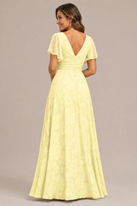 Jovellee Floral Chiffon A-Line Mother of the Bride Dress with Flutter Sleeves