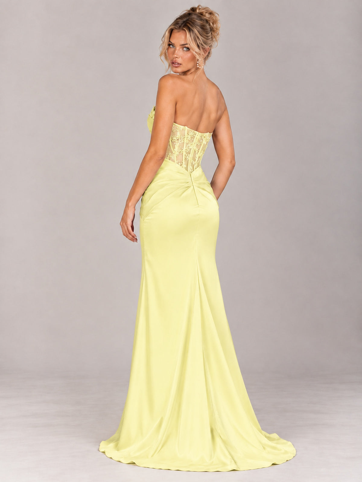 Strapless Satin Prom Dress with Sheer Lace Corset & High Slit
