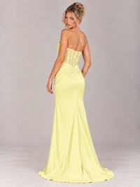 Strapless Satin Prom Dress with Sheer Lace Corset & High Slit