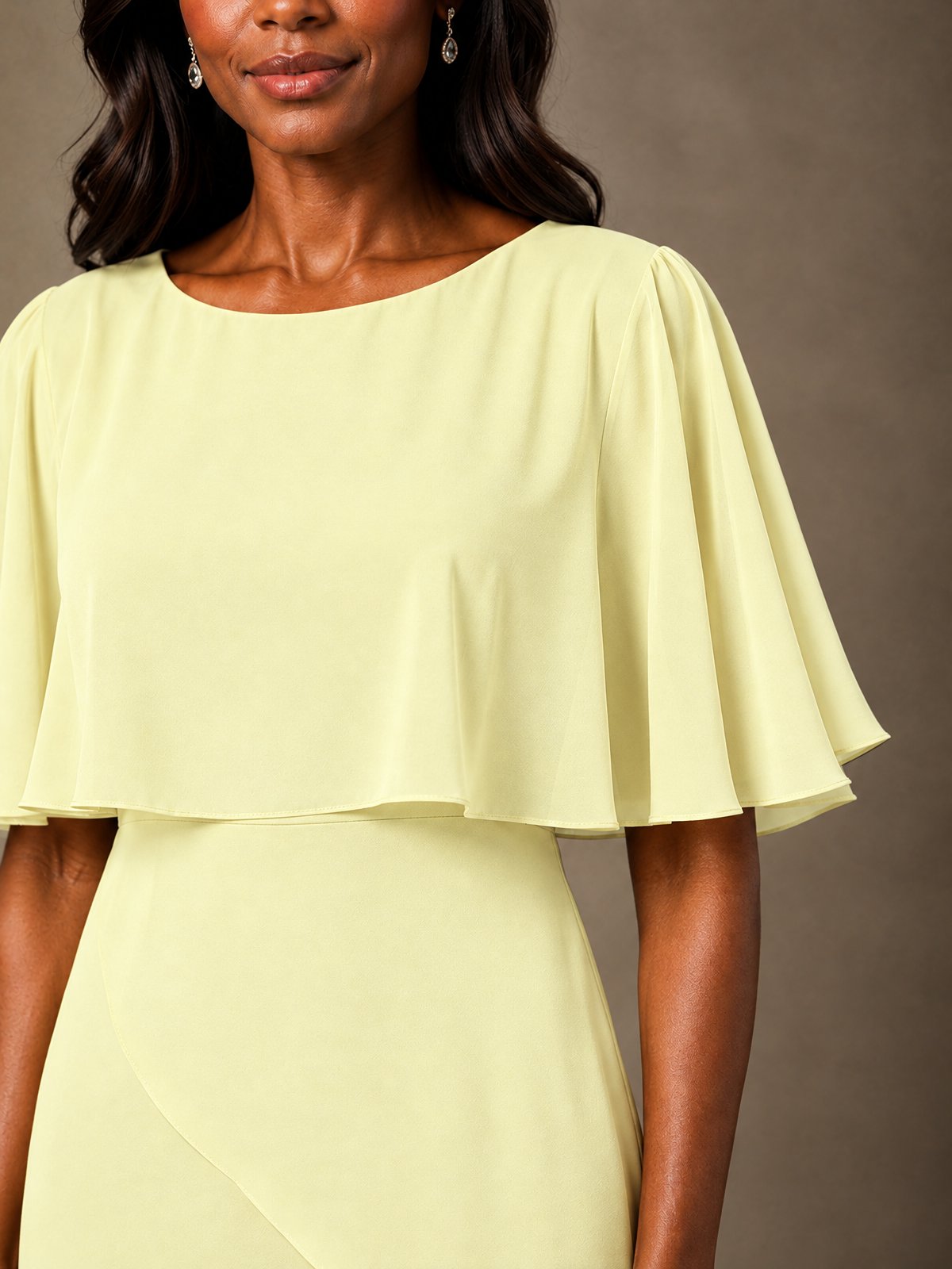 Taupe Chiffon A-Line Mother of the Bride Dress with Cape Sleeves
