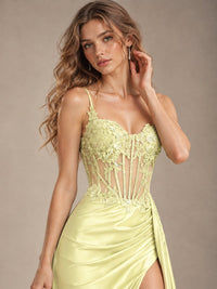 Mermaid Satin Prom Dress with Floral Appliqué Corset and High Slit