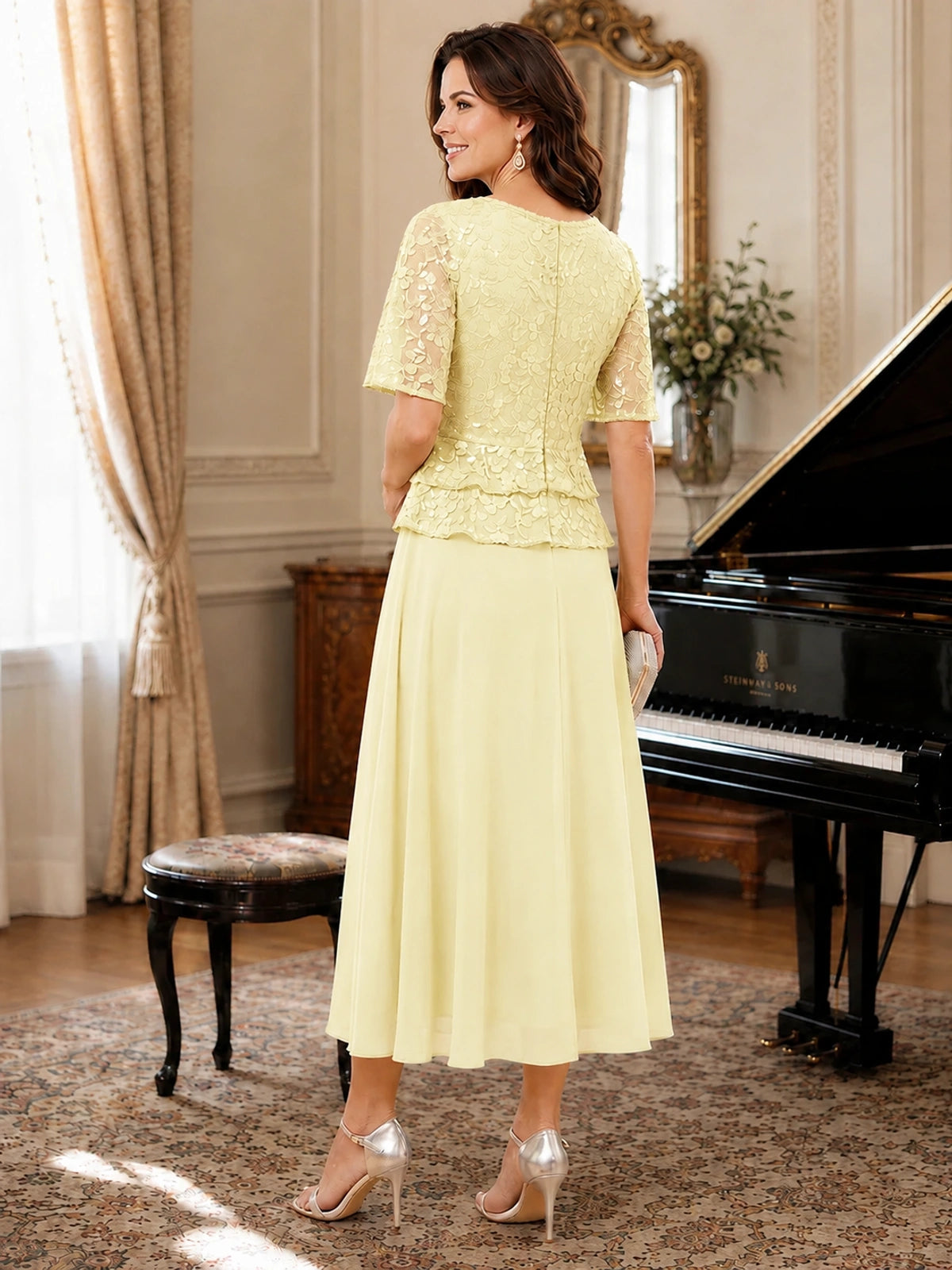 Tea-Length Chiffon Mother of the Bride Dress with Sequin Lace Sleeves