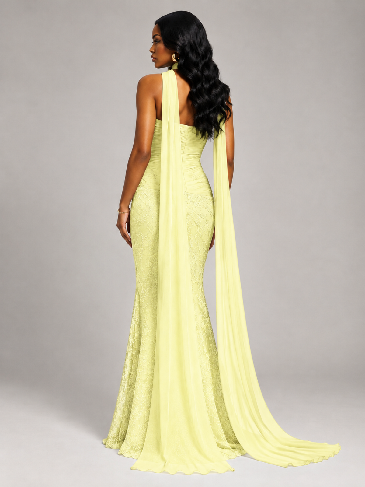 Pleated Chiffon Lace Prom Dresses Long Bodycon Mermaid with Scarf