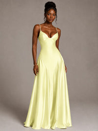 Lavender V Neck Satin Prom Dress with Spaghetti Straps