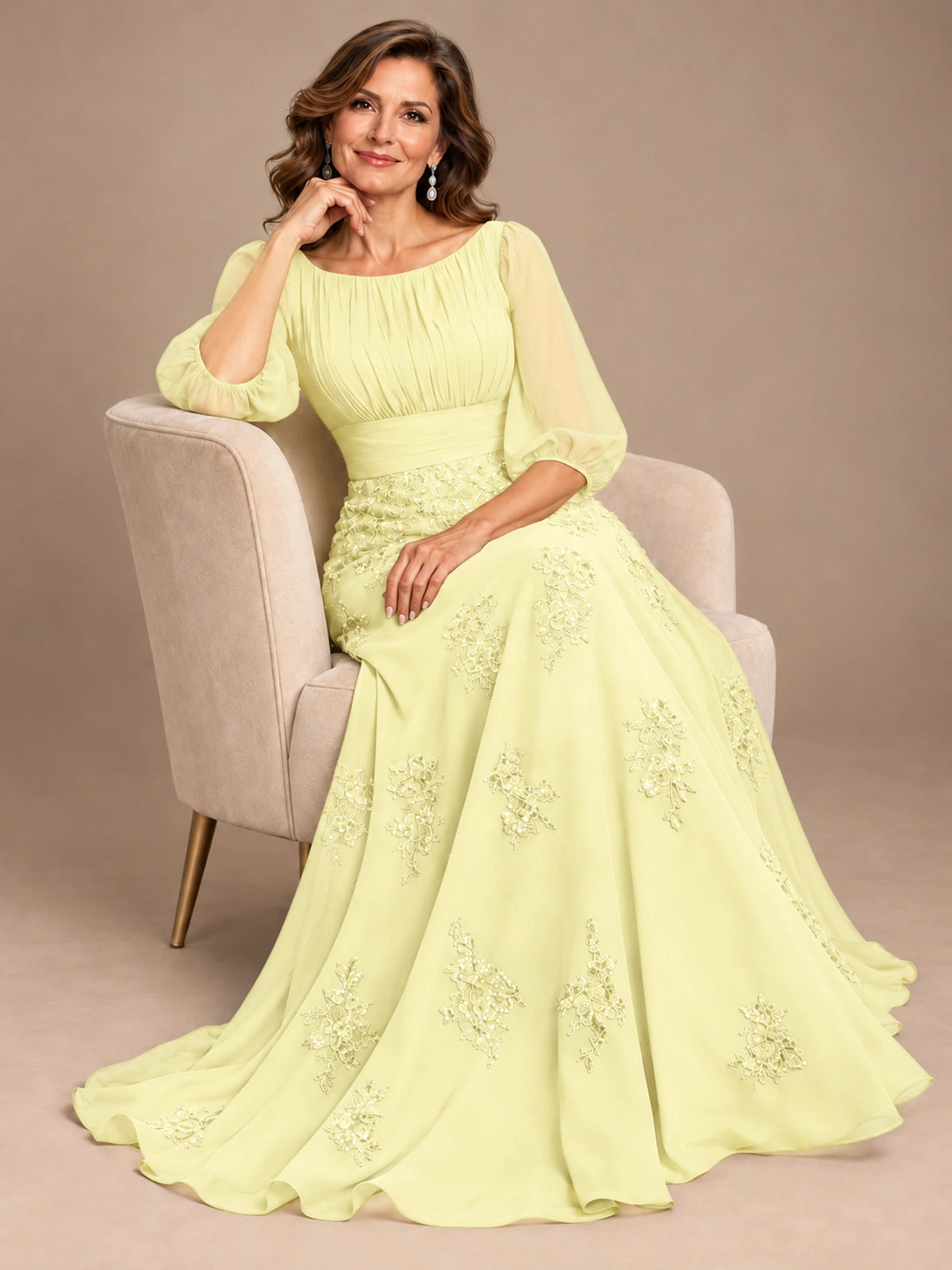 A-Line Mother of the Bride Dress with Sheer Puff Sleeves