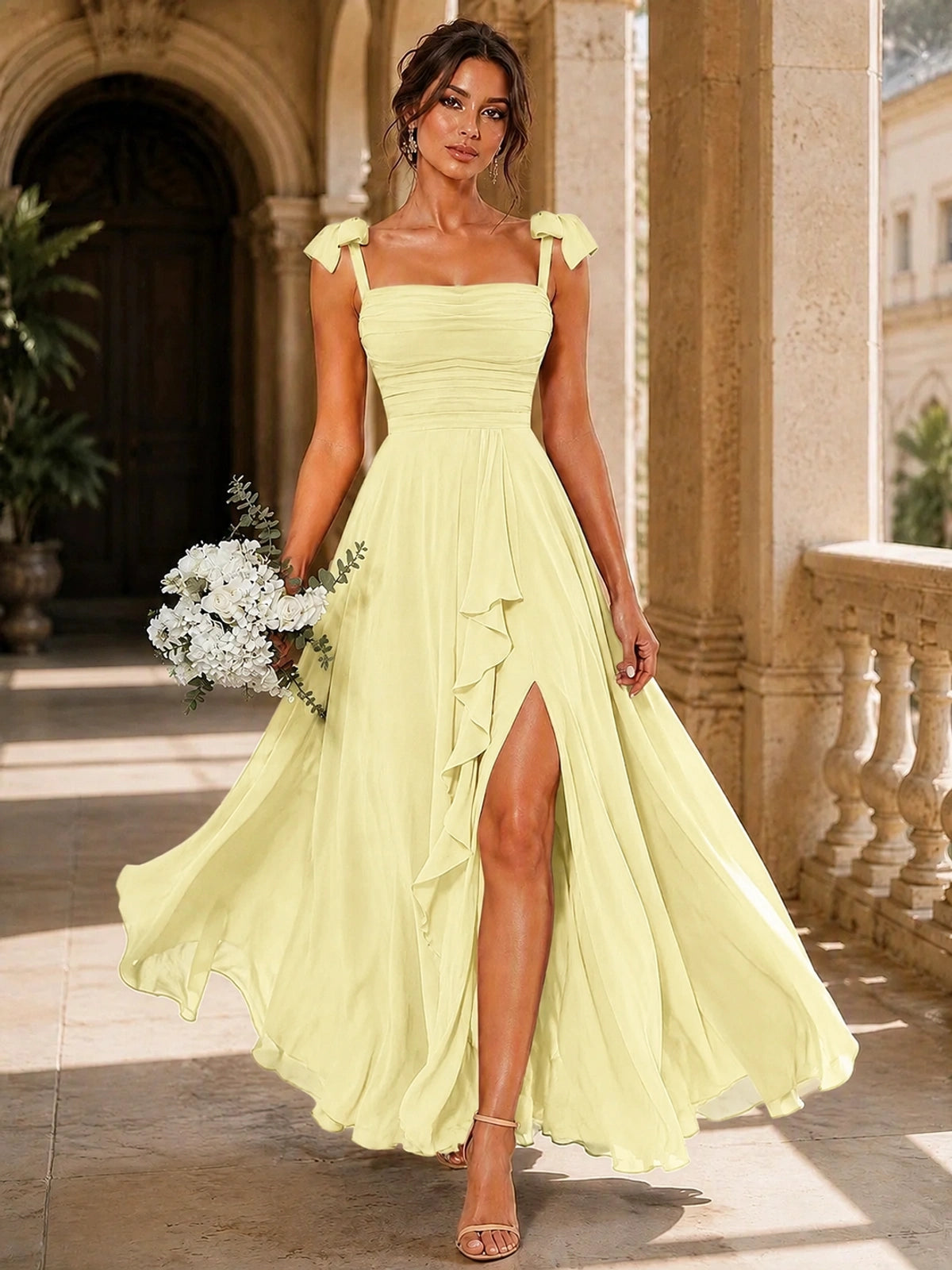 Ruffle Slit Chiffon A Line Scoop Neck Bridesmaid Dresses with Pockets