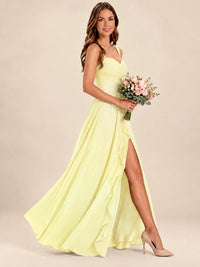 Spaghetti Straps Pleated Chiffon Bridesmaid Dress with Ruffle Slit