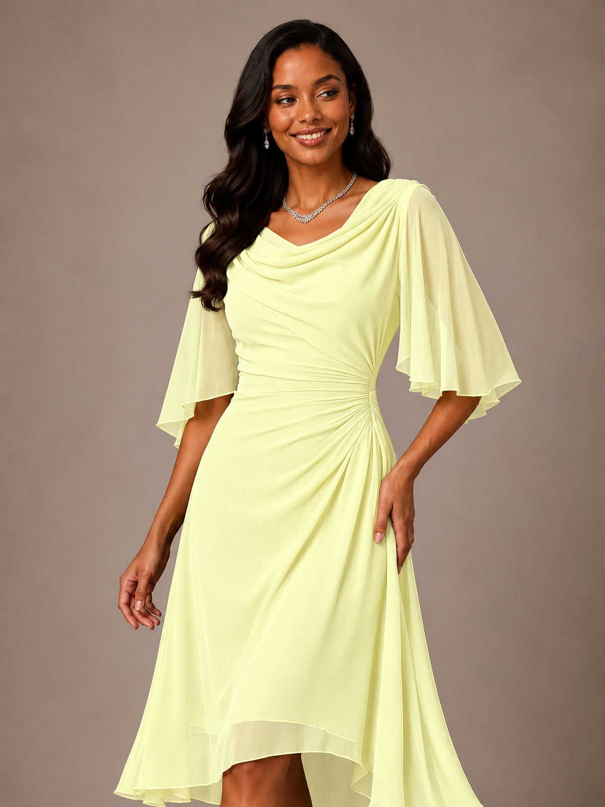Cowl Neck Ruched Chiffon Mother of the Bride Dresses with Flutter Sleeves