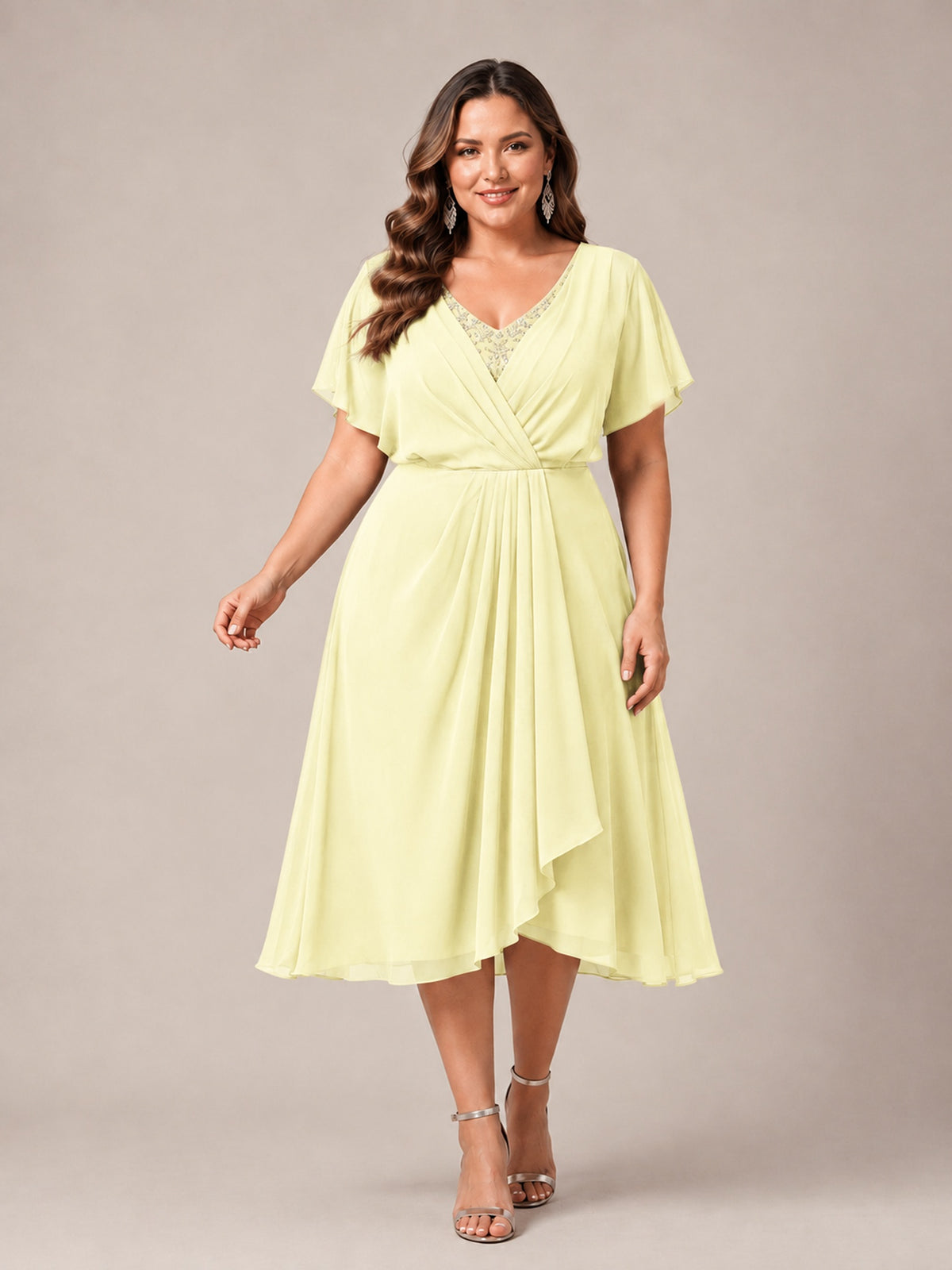 Navy Blue A-Line V-Neck Tea-Length Mother of the Bride Dress