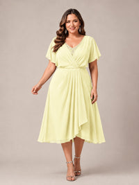 Navy Blue A-Line V-Neck Tea-Length Mother of the Bride Dress