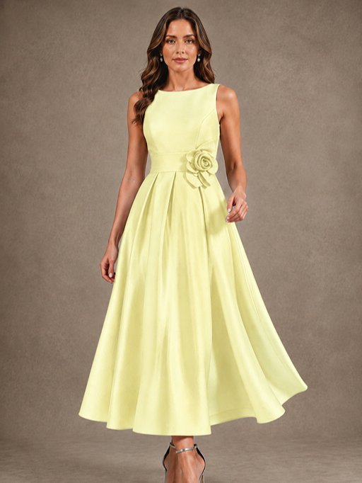 Tea-Length Satin Mother of the Bride Dress with 3D Flower Detail