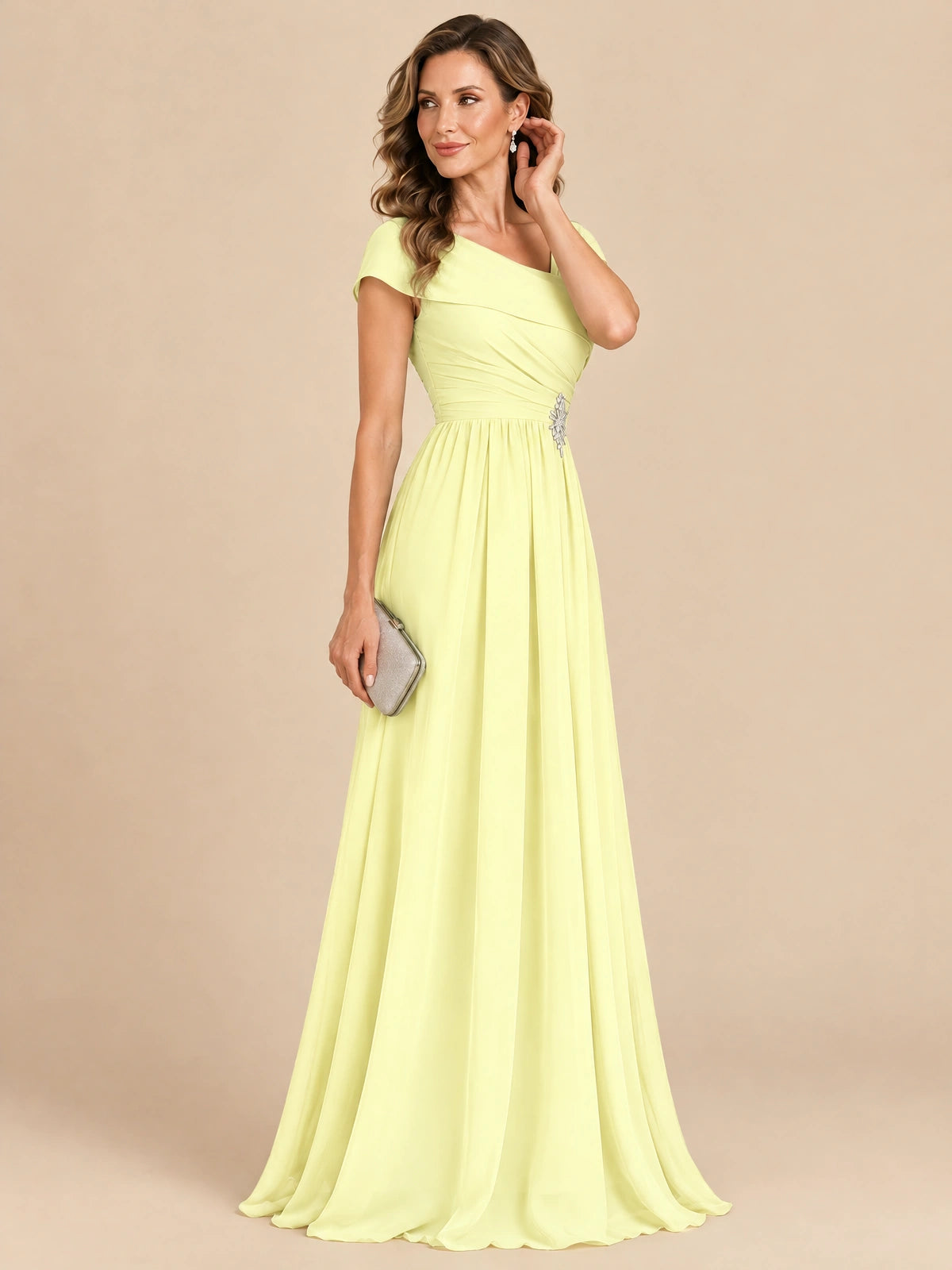 Cap Sleeve Mother of The Bride Dresses Long Chiffon Formal Gowns