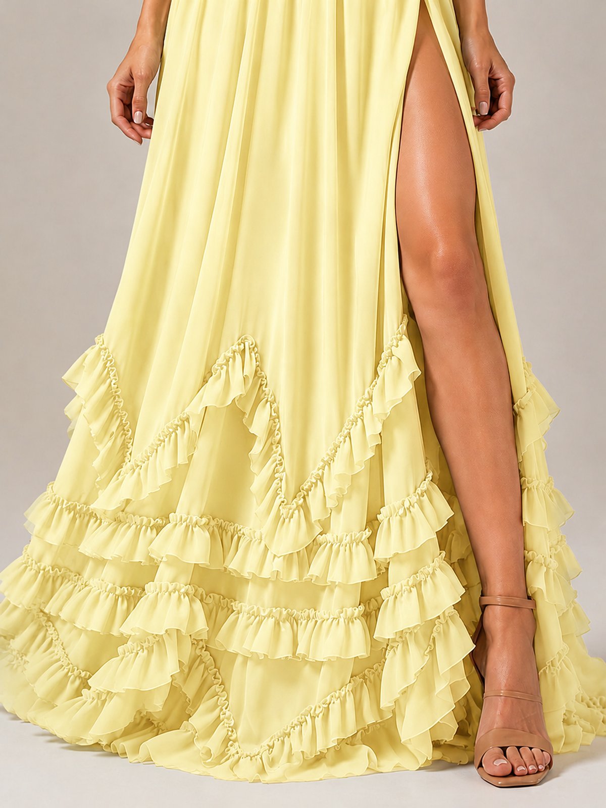 Halter V Neck Chiffon Formal Dress with Lace-Up Back and Ruffle Hem