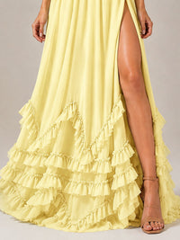 Halter V Neck Chiffon Formal Dress with Lace-Up Back and Ruffle Hem