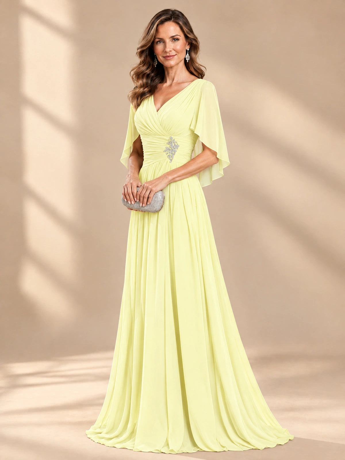 Ruched V Neck Mother of The Bride Dresses with Shawls Appliques and Cap Sleeves