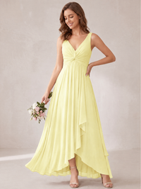 V-Neck High-Low Chiffon Bridesmaid Dress with Ruffles