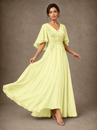 V-Neck Chiffon Lace Mother of the Bride Dress with Flutter Sleeves