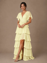 Chiffon V-Neck Tiered Ruffle Bridesmaid Dress with Slit