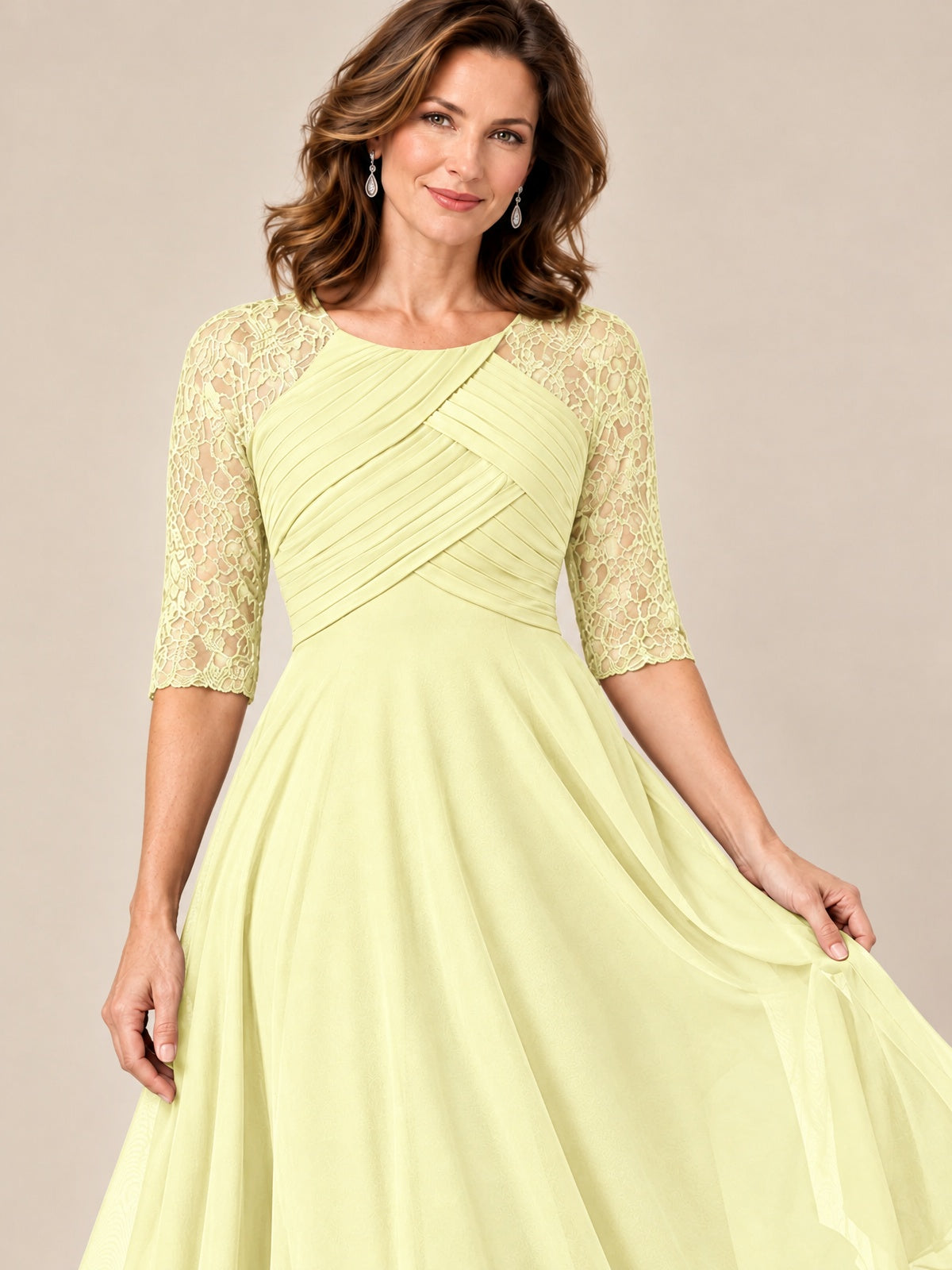 Tea-Length Mother of the Bride Dress with Lace 3/4 Sleeves