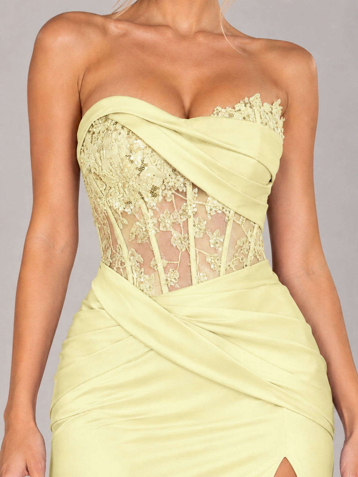 Strapless Satin Prom Dress with Sheer Lace Corset & High Slit